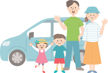 車の前に並ぶ笑顔の若い家族