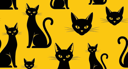 Obraz premium Seamless Pattern of Silhouettes of Black Cats on a Yellow Background