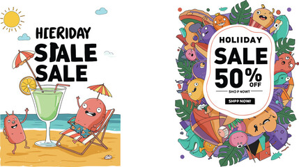 Obraz premium Holiday sale poster, summer discount banner, cartoon beach characters, festive promotion design, colorful tropical flyer, 50% off advertisement