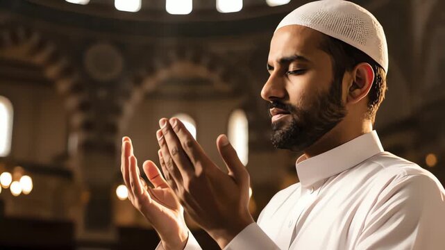 A devoted Muslim man raises his hands in prayer and silent supplication, wearing a white kufi and traditional attire while standing solemnly in the atmospheric interior of a grand mosque.