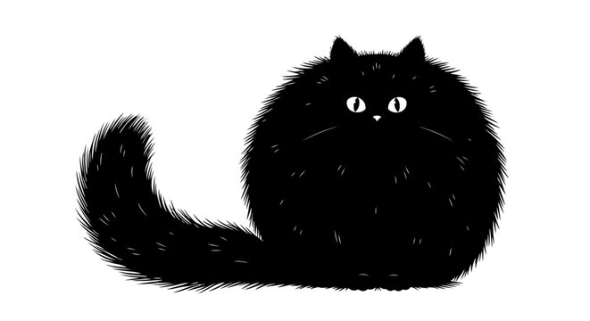 Fluffy Black Cat Sitting and Looking Forward with Big Eyes and Bushy Tail