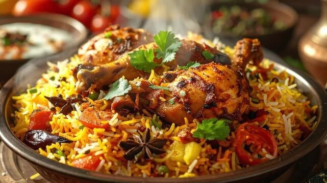 Delicious chicken biryani served in a traditional copper bowl, garnished with fresh cilantro.