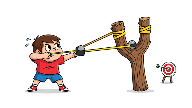 Focused cartoon boy aiming a slingshot at a target, depicting childhood play, precision, and determination