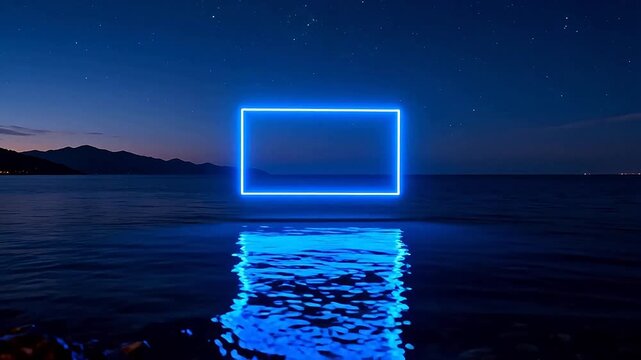 Neon frame over water at night