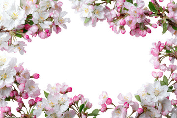 Floral frame white/pink blossoms, buds around black void, airy and light