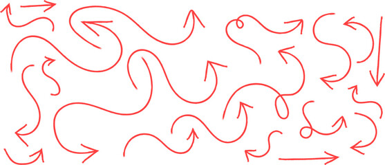 A chaotic arrangement of red arrows curves and loops across a white background demonstrating complex directional pathways and movement high quality professional detailed