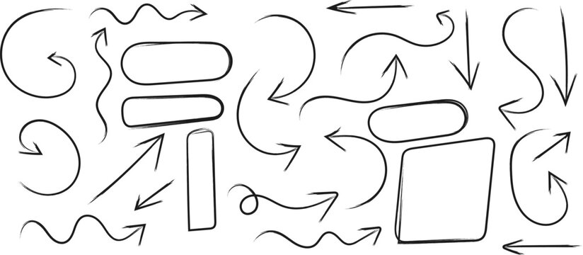 A collection of hand drawn arrows and geometric shapes primarily rectangles and ovals in a simple black and white sketch style high quality