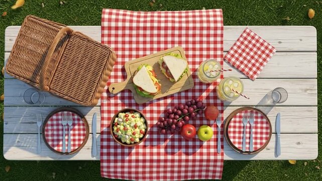 Overhead View of a Delicious Picnic Spread on a White Wooden Table with Red Gingham Cloth.