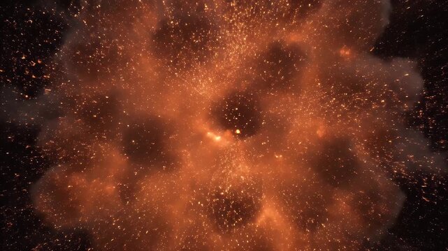 Violent explosion in a dark void, with fiery debris scattering outwards