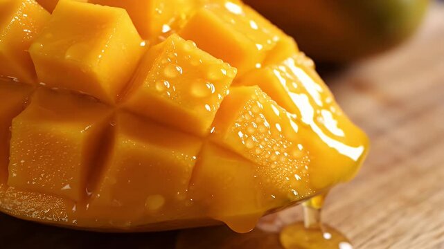 Juicy mango cubes with droplets of juice dripping down onto a wooden surface