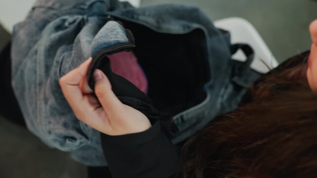 student unzipping denim backpack retrieving notebook, green folder visible inside, pulling out textbook and notes, closeup hands with bracelet, organized study prep in lecture hall seating