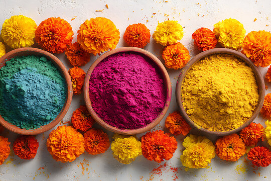 Vibrant colors of Holi festival with marigold flowers and powder in bowls