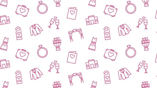 Honeymoon seamless pattern, animated pink wedding travel icons background, marriage celebration line art seamless loop, video motion graphics texture backdrop