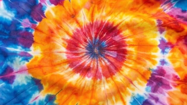 Vibrant tie-dye fabric with a swirling pattern in bright, saturated colors.