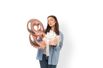 Naklejka premium Young woman with a gift for Women's Day, isolated, PNG