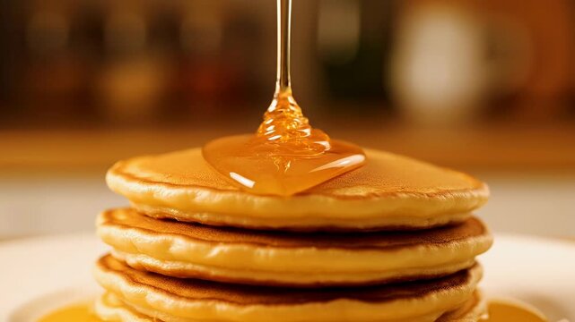 A stack of fluffy pancakes being drizzled with golden syrup, a delicious breakfast treat.