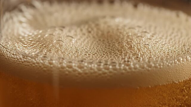 Close-up macro of effervescent bubbles forming a frothy layer on a golden liquid