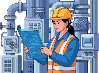 Female Engineer Reading Technical Plan isolated on transparent background