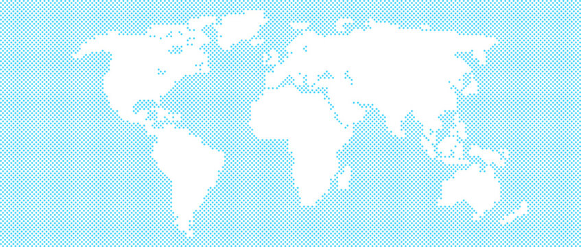 Blue pixel world ocean map concept. Abstract dotted globe world map for poster, banner, brochure, flyer, booklet, presentation. Continents infographics wallpaper. Vector globe salt water illustration