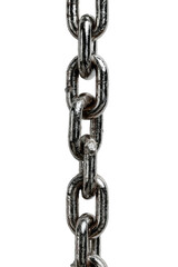 Obraz premium Polished metal chain links vertically on black backdrop. Macro close-up detail