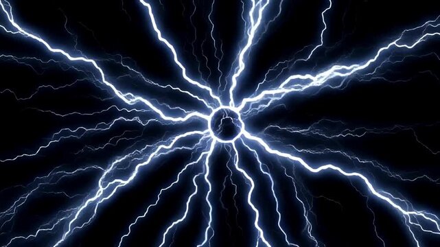 Electric Blue Lightning Bolt Radiates Symmetrically from a Glowing Center Over a Dark Blue Background