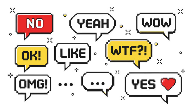 A collection of pixelated speech bubbles with various exclamations and reactions like NO, YEAH, WOW, OK, LIKE, WTF, OMG, YES, and ellipses.