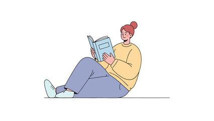 Obraz premium Happy woman sitting on floor reading book. Flat vector illustration of leisure, education, and knowledge.