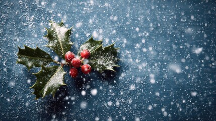 Holly Sprig with Red Berries on Blue Background with Snowfall Holiday Winter Festive Season Copy Space