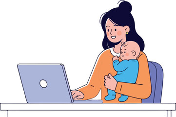 Mother Working from Home with Baby isolated on transparent background