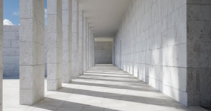 A captivating video sequence showcases a modern architectural corridor bathed in bright natural sunlight. Repeating minimalist columns crafted from light-colored textured stone or concrete create a st