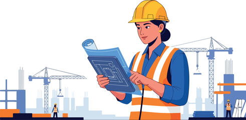 Female Construction Engineer Reading Blueprint isolated on transparent background