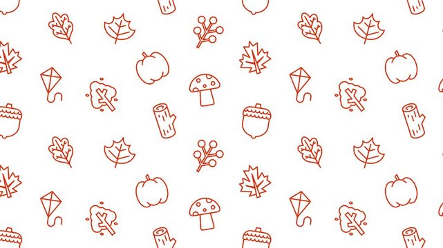 Autumn foliage seamless pattern, animated hand drawn fall season icons background, orange nature line art seamless loop, video motion graphics texture backdrop