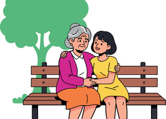 Grandmother and Granddaughter Sitting Together isolated on transparent background