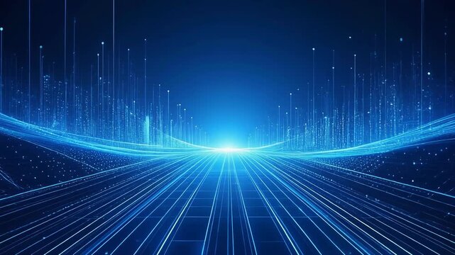 発光する光の世界をゆっくりと進むグラフィックイメージ　テクノロジー・未来・AI・デジタル