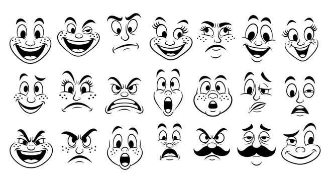 A collection of 24 cartoon faces displaying a wide range of human emotions and expressions.