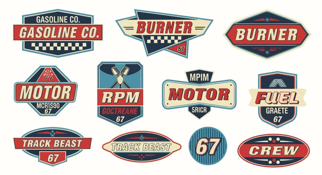 Collection of vintage-style emblems and badges for automotive and racing themes.