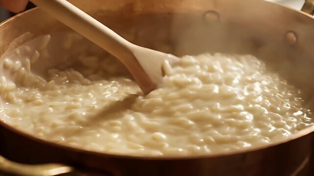 Creamy rice pudding stirred in a copper pot with a wooden spoon