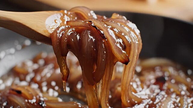 Close-up of caramelized onions being scooped with a wooden spatula