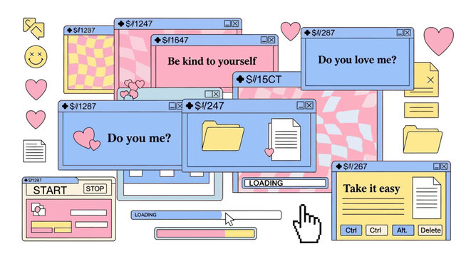 Pastel retro computer interface elements with pop-up windows, folders, icons, and a mouse cursor in a Y2K aesthetic.