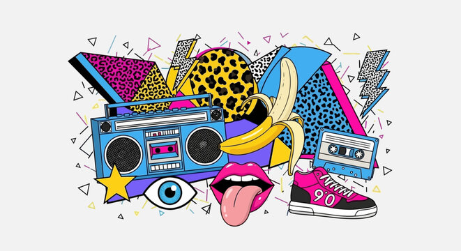 Vibrant retro 80s and 90s pop art collage featuring a boombox, banana, cassette, sneaker, and geometric shapes on a white background.