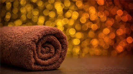 Rolled Brown Towel on Wet Surface with Sparkling Golden Bokeh Background
