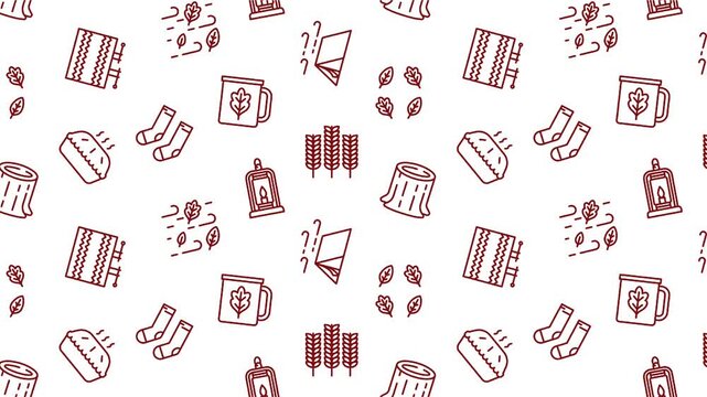 Autumn cozy seamless pattern, animated hand drawn thanksgiving icons background, fall season line art seamless loop, video motion graphics junk journal backdrop