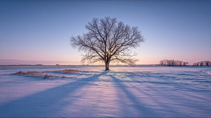 Snowy Landscape with Bare Tree Silhouetted Against a Sunrise Sky with Pink and Blue Hues in a Winter Scene with Ground Shadows