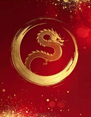 Happy Chinese New Year abstract mobile background, vertical composition, circular gold foil brush strokes forming subtle dragon curve, deep red gradient backdrop, soft bokeh sparkle, elegant 
