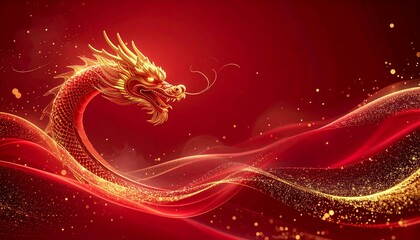 Happy Chinese New Year abstract background, minimal dragon curve line made of glowing gold particles, deep red velvet gradient background, soft fog and sparkle, elegant modern layout, 