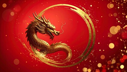Happy Chinese New Year abstract background, circular gold foil brush strokes forming a subtle dragon silhouette, red gradient backdrop, soft bokeh sparkle, elegant 