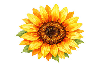 Fototapeta premium Sunflower watercolor painting with yellow petals and green leaves, vibrant floral illustration on transparent background