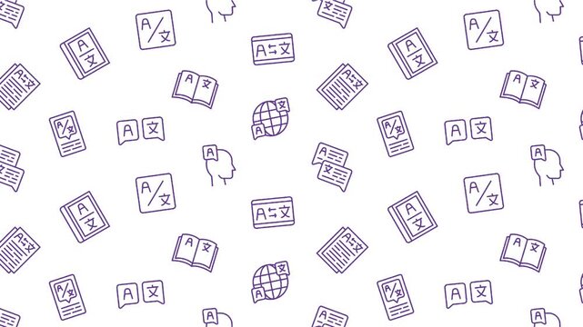 Language translation seamless pattern, animated purple foreign vocabulary dictionary background, multi speech bubble icons loop, video motion graphics backdrop