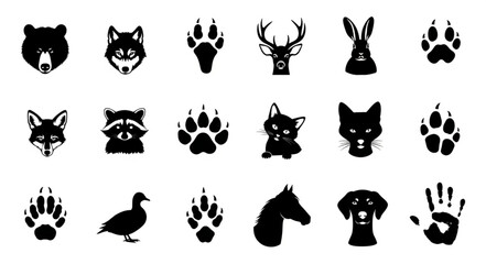 Collection of Animal Silhouettes and Paw Prints.