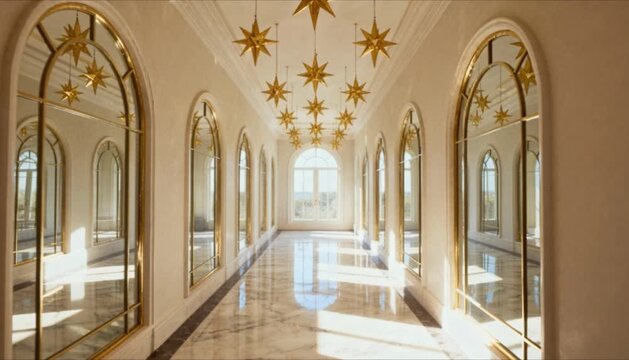 luxury hallway with arched mirrors and golden stars perfect for eid mubarak and ramadan